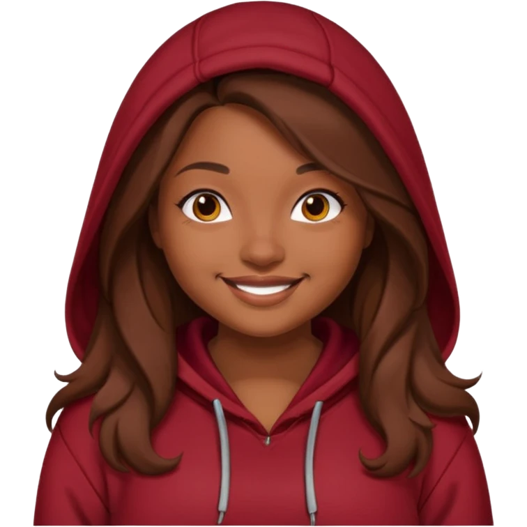Curvy pretty brown girl with long brown hair, wearing a dark deep red hoodie emoji