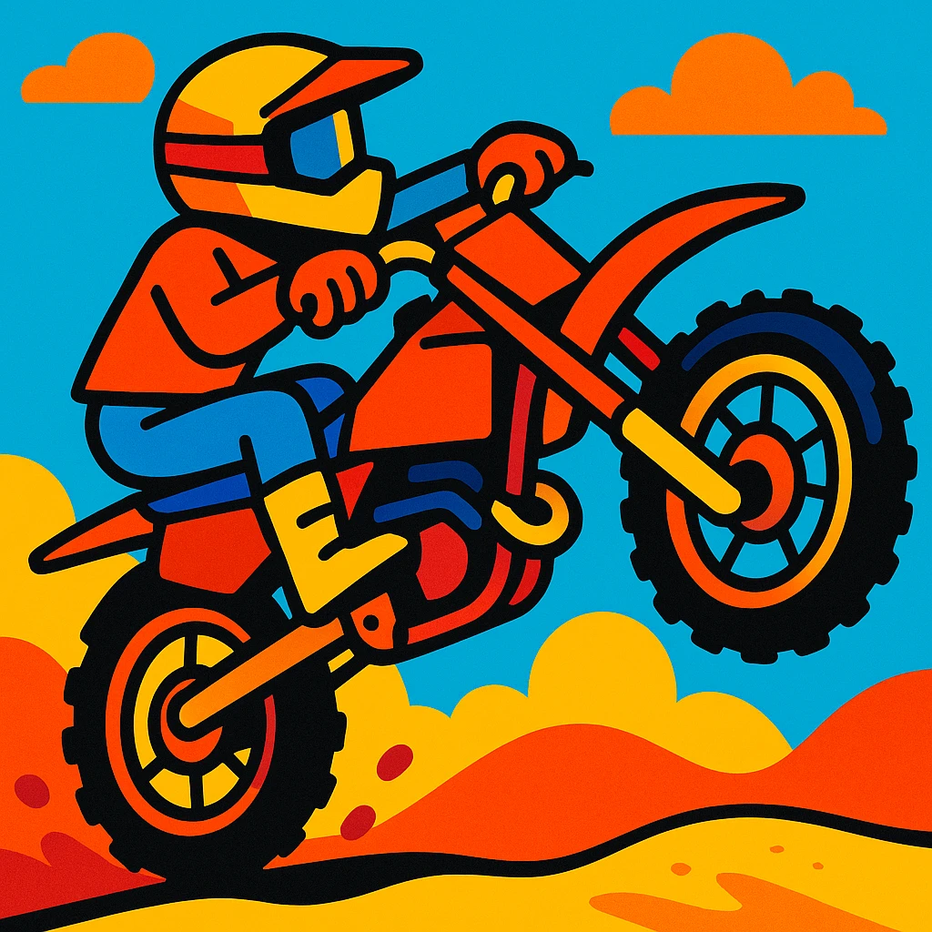 dirtbike wheelie, bold and playful style, vibrant colors, strong shapes, fun and energetic emoji