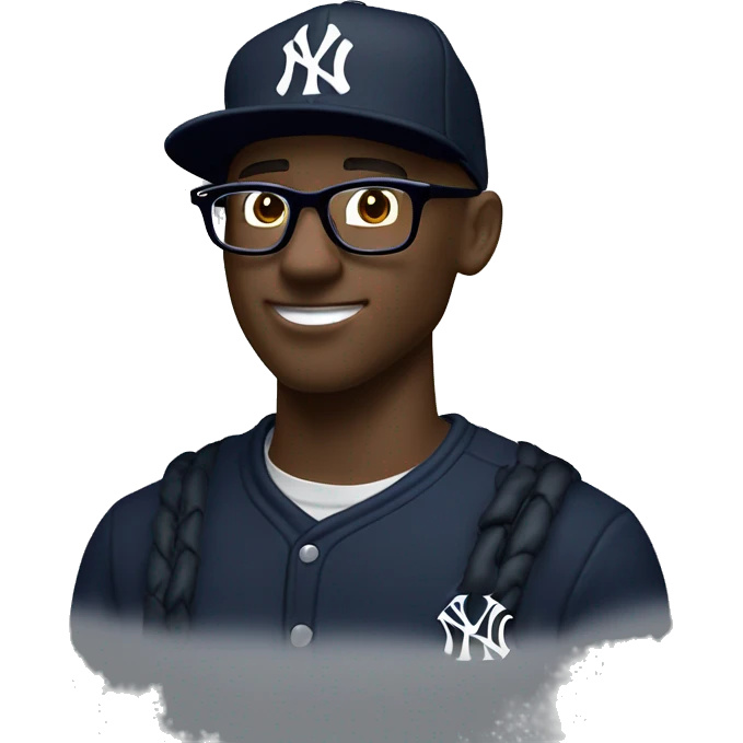 A black male with glasses and put on a jumper and New York Yankees MLB Authentic Collection 59FIFTY Cap for Unisex Adults emoji