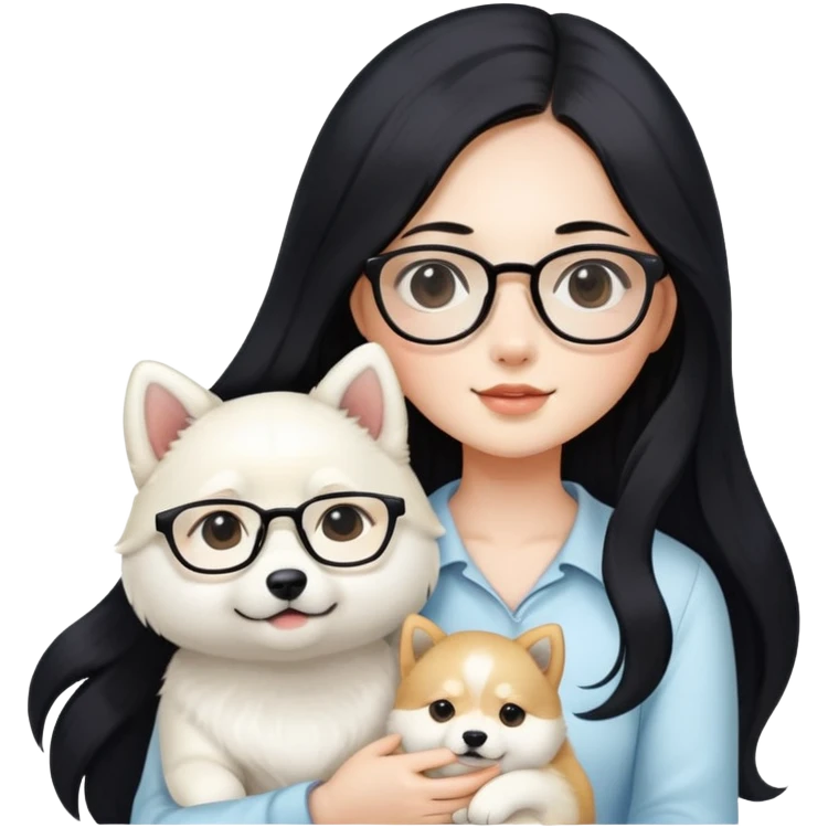 A beautiful girl with long black hair and glasses holding a long-haired white Shiba Inu puppy emoji