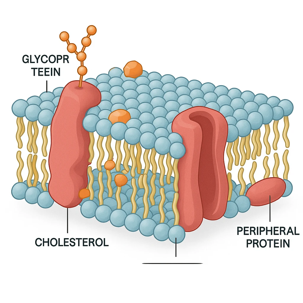 A highly detailed, scientifically accurate cross-section of a biological cell membrane (lipid bilayer) on a white background, ultra-realistic 3D illustration. Show the phospholipid bilayer with hydrophilic heads (round, polar) facing outward and hydrophobic tails (chains) inside. Include embedded proteins (integral and peripheral), cholesterol molecules (small, rigid), glycoproteins with sugar chains, and ion channels. The style should be clean, lab-textbook style, with subtle shadows and depth. Use a color scheme: light blue for hydrophilic heads, yellow for hydrophobic tails, red/pink for proteins, and orange for cholesterol. Microscope-like precision, no artistic stylization. Educational diagram of the Fluid Mosaic Model, cross-sectional view with labels for 'glycoprotein', 'cholesterol', and 'peripheral protein', vector graphic style. emoji