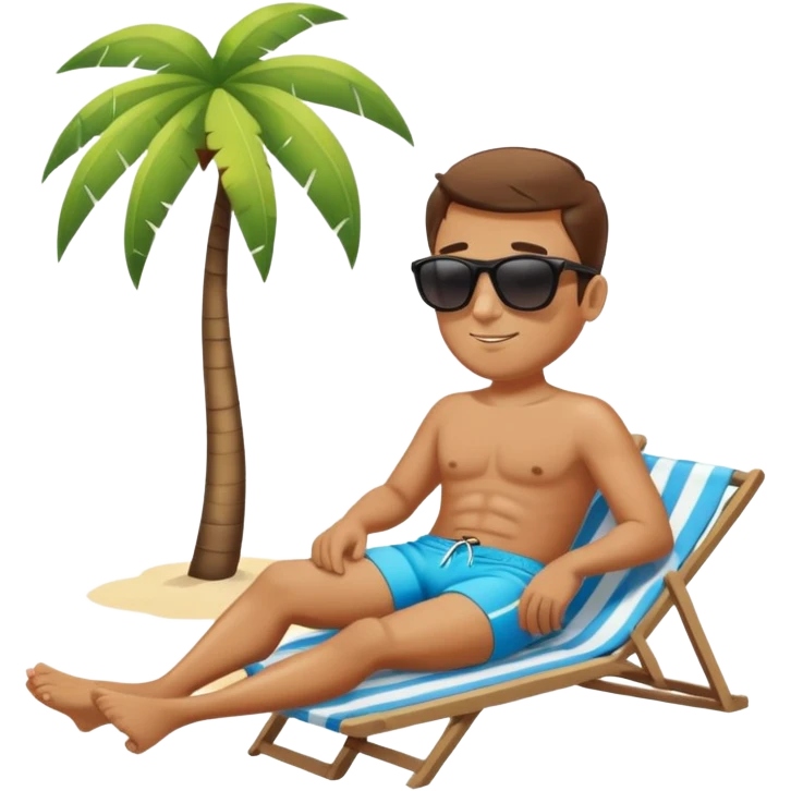 Man relaxing on beach with sunglasses and swim shorts emoji