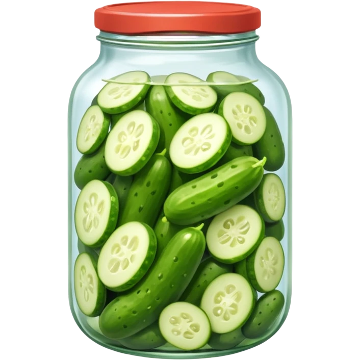 A jar of pickled cucumbers with clear brine and green whole pickles.







 emoji