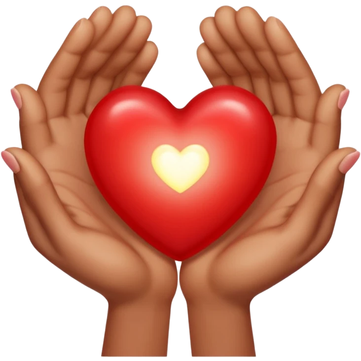 two hands gently holding a small glowing heart emoji
