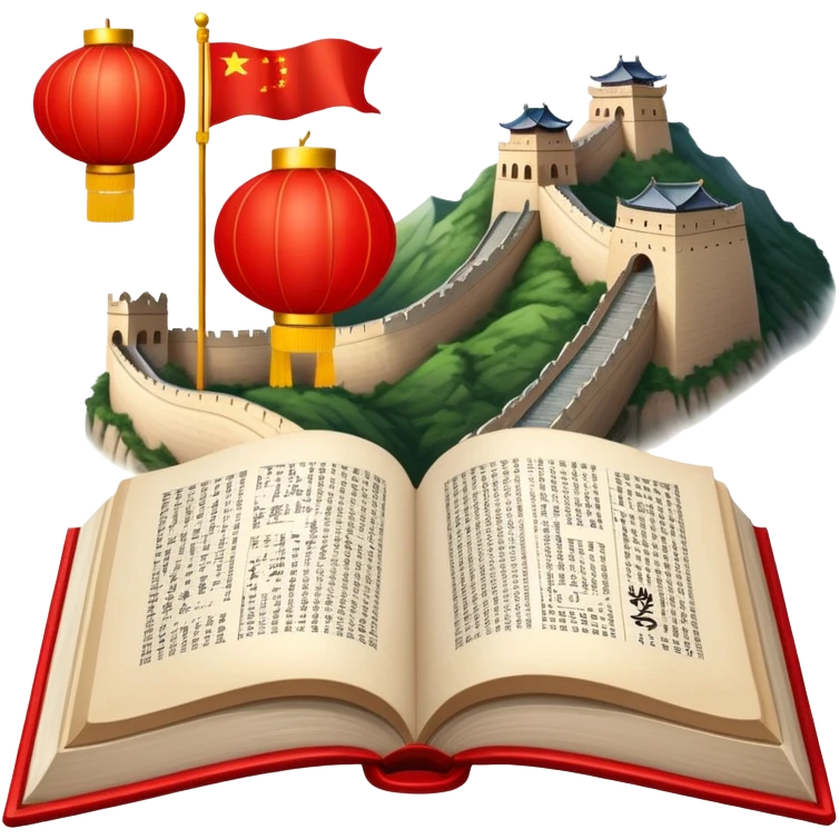 An icon featuring the Great Wall of China and the big flag of China, symbolizing the Chinese language. The design includes an open book with Chinese characters and a red lantern, representing language learning. Transparent background highlights the depth of Chinese heritage. emoji
