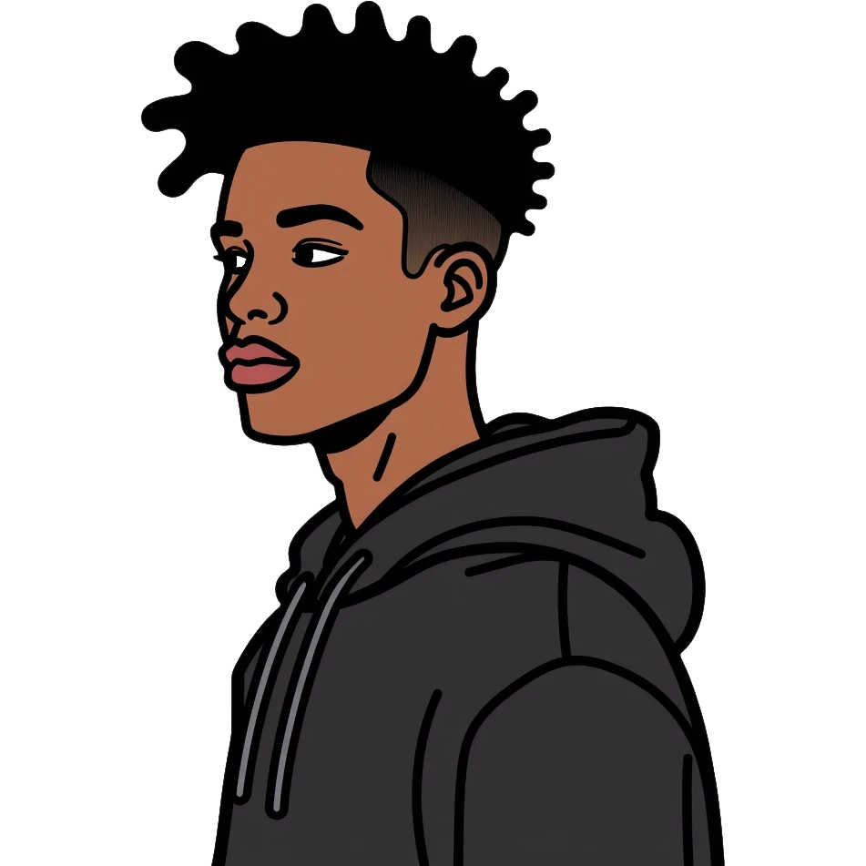 Black man with mid afro hairstyle wearing a black shirt and hoodie emoji