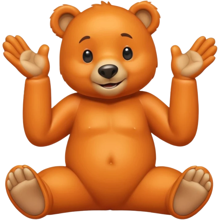 Create a orange friendly bear, make him look like from a kid cartoon and make him smile. Show his whole body. Make him look shy and cross his leg while pointing his index finger towards each other emoji