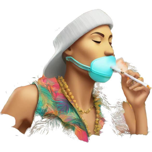 Person vaping wearing a colourful vibrant tropical patchwork of intricate vintage patterns, vape emoji