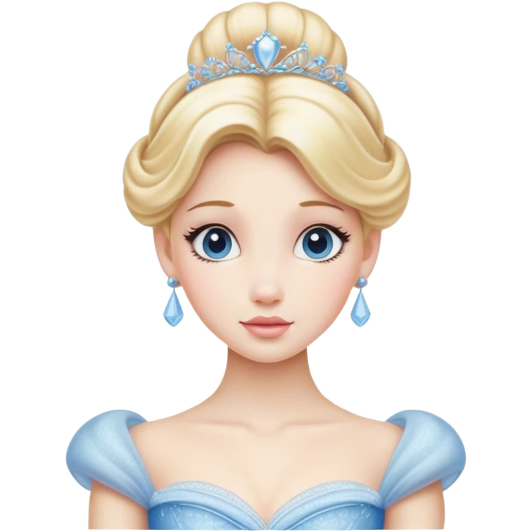Cinematic Realistic Cinderella Portrait, depicted with lifelike porcelain skin, elegantly styled blonde hair, and a serene, graceful expression. Dressed in her classic ball gown with intricately detailed fabric textures and delicate pastel hues that catch soft, natural lighting, this portrait captures the timeless beauty of a fairy tale princess. emoji
