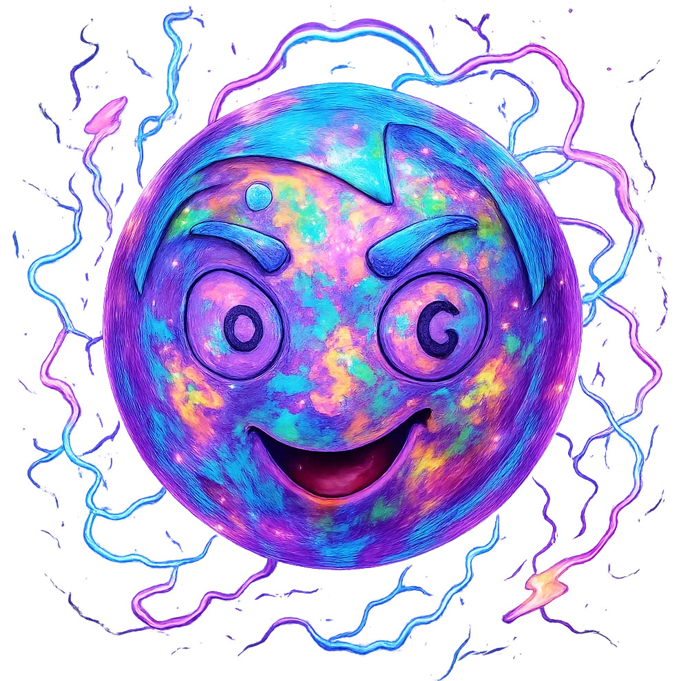 Make the Uranus emoji more eccentric with an opal-like iridescent texture. Add wild, electric, chaotic energy and a playful, unconventional face. Keep the background transparent. emoji