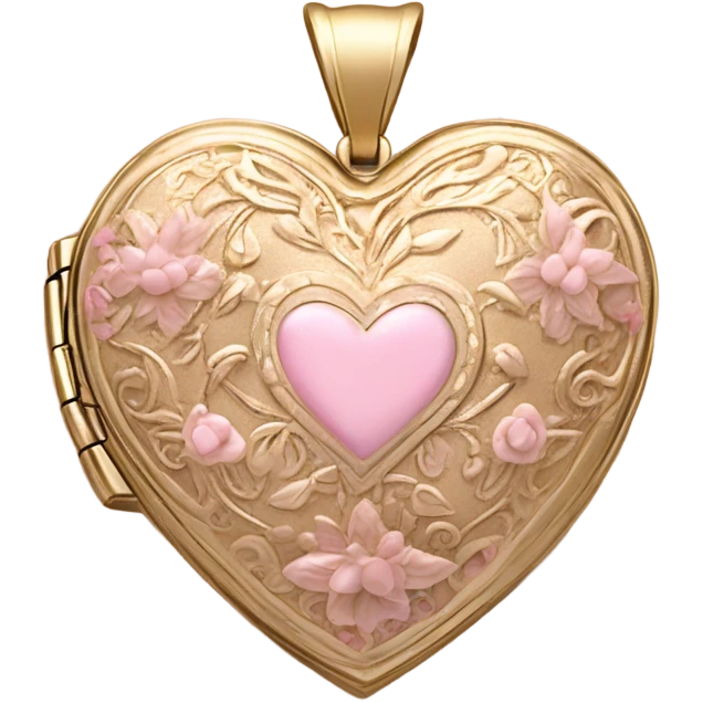 An ornate gold-framed heart locket with a soft pink satin ribbon tied into a bow. emoji