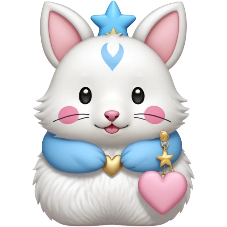GENERATE ME A MOMONGA WHITE ANIMAL  FROM CHIIKAWA AND PUT A SAKURA FLOWER ON HIS HEAD AND A STAR PELT ON HIS BELLY AND A HEART PURSE ON HIS ARM WITH HIS FACE MAKE HIS TOUNGE STICK OUT WITH A LITTLEPINCH OFDROOL AND MAKE HIM ANIME STYLED ART GIVE HIM A BIG BLUE FLUFFY TAIL emoji