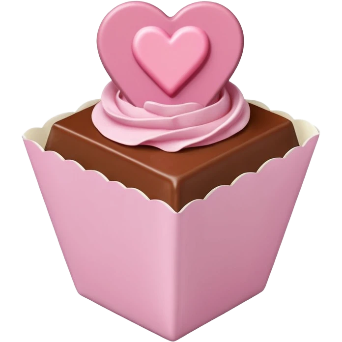Two square milk chocolate , Each praline is a sharp-edged cube with smooth glossy chocolate coating, placed in a small white fluted paper candy cup. On top of each cube is a flat pastel pink heart-shaped icing emoji