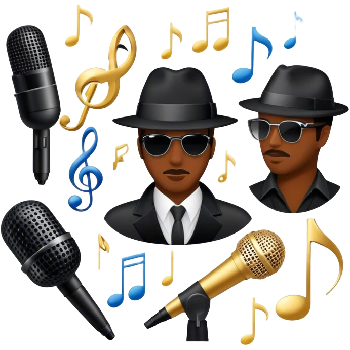 Icon for R&B Music: collage of famous R&B artists, represented by silhouettes or symbols like a fedora, microphone, sparkly glove, and music notes. The image should convey the energy and soul of R&B music. Transparent background. emoji