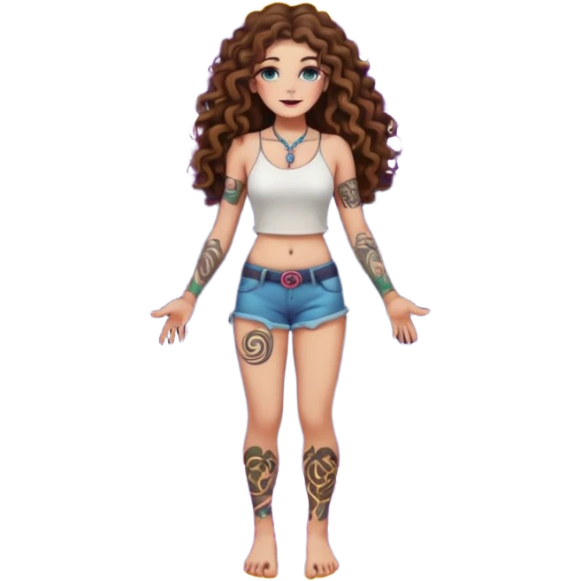 full body view of a woman with long curly brown hair, brown eyes, white skin, tattoos, standing in a magic circle on the ground, neon symbols around her feet emoji