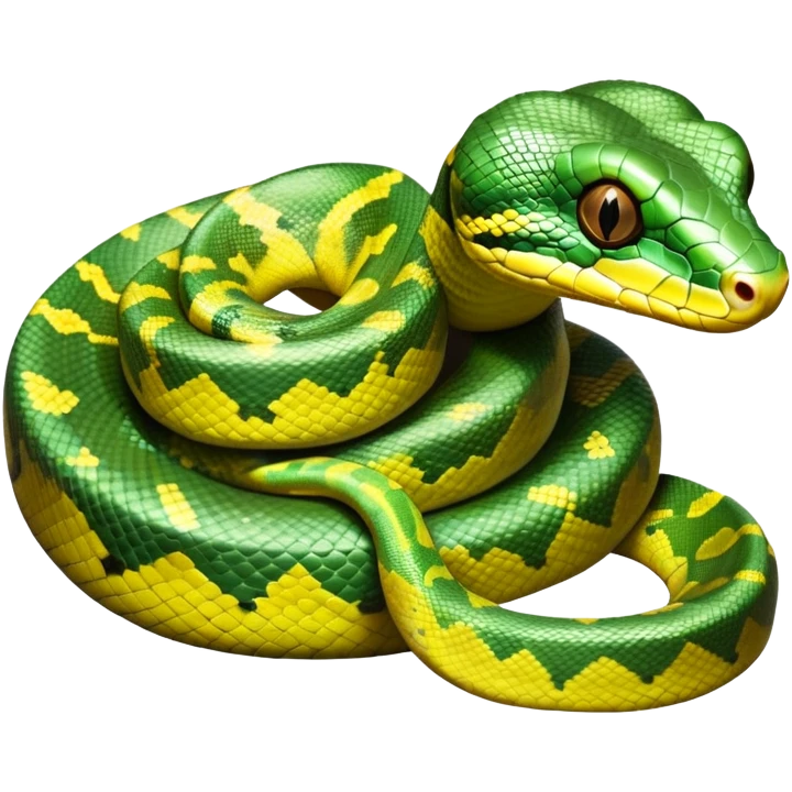 cinematic-green tree python-realistic-full-body-coiled-emoji,-thick-scaled-body-looped-tightly,-intricate-brown-and-gold-patterned-scales-reflecting-light,-head-tilted-dramatically,-slitted-eyes-staring-calmly,-simplified-yet-realistic-focused-feature emoji