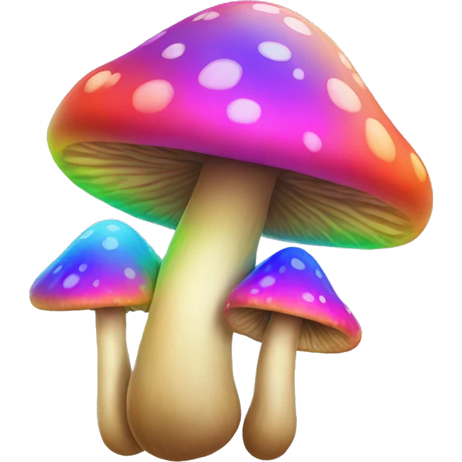 A rainbow-colored trippy mushroom with a very satisfied face emoji