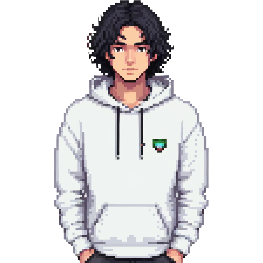handsome young man with wavy black hair, black eyes, no beard or mustache, wearing a white hoodie, pixel art style emoji