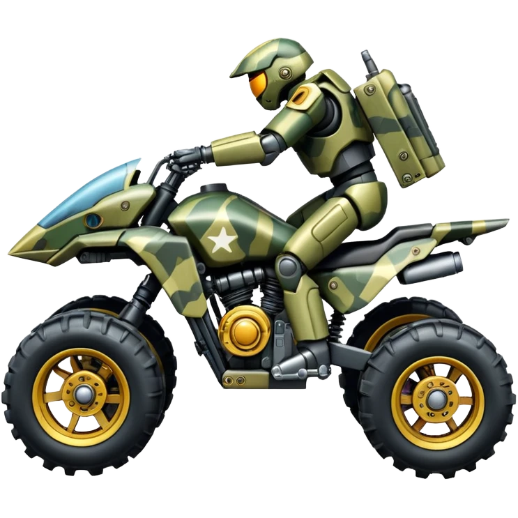 a 4-wheel camouflage army massive mech motorcycle shooting forward side-hill active suspension enemy mech off-road racing motorcycle  emoji
