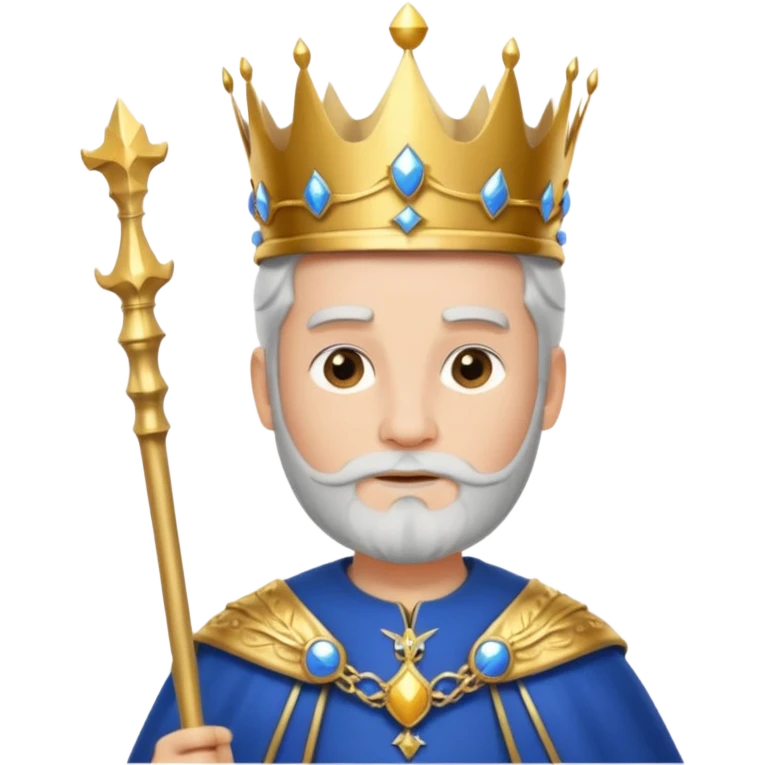 Bearded King, young king with short white beard, royal staff in hand, wearing crown, blue
 emoji