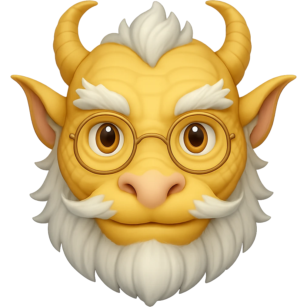 Add small round glasses to the wise, elderly dragon for a wise look in emoji style with no background. emoji