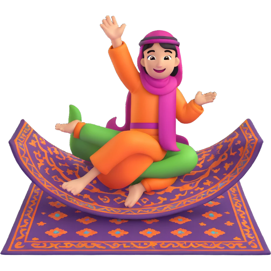 smiling arabic character on a flying carpet emoji