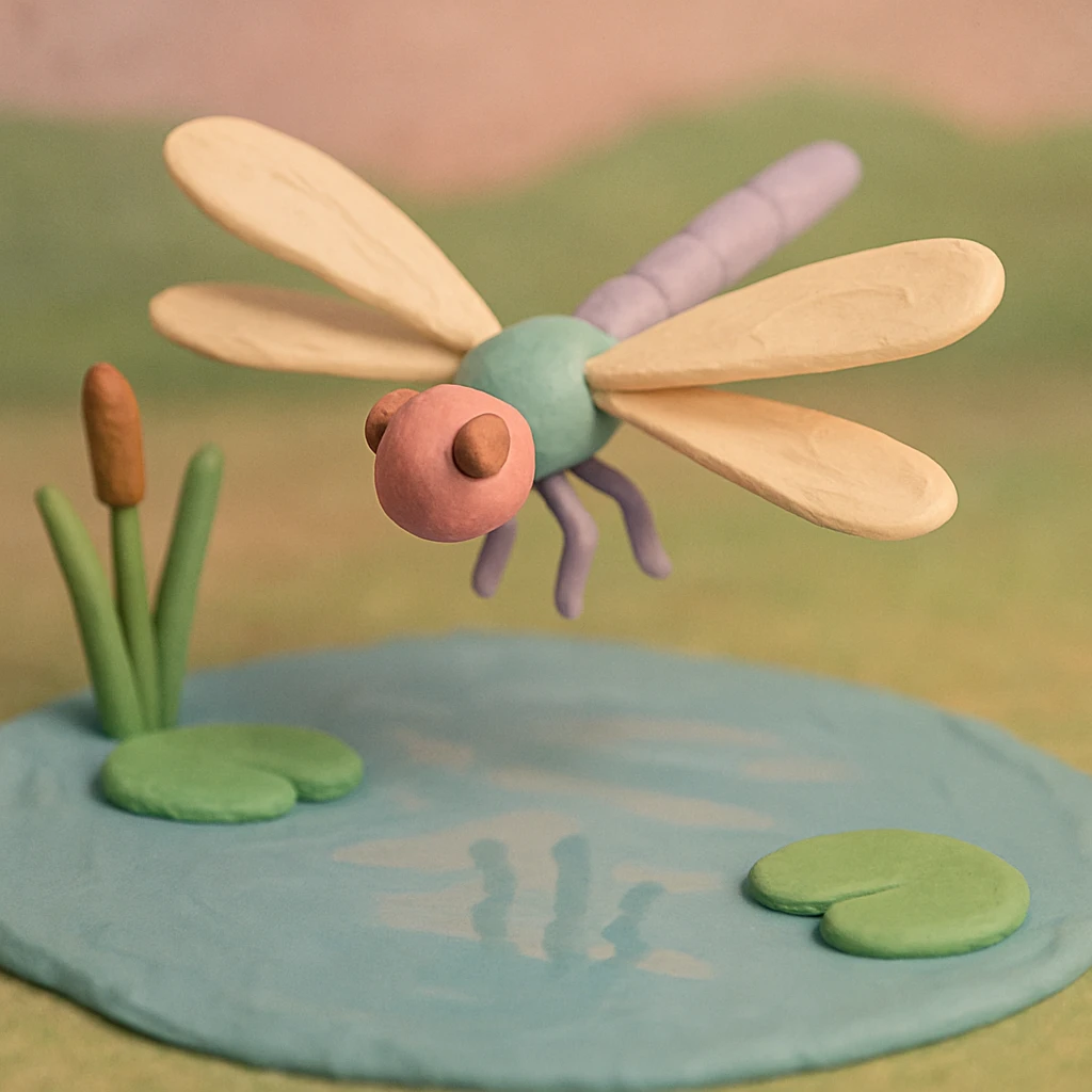 claymation style dragonfly hovering above a pond, soft pastel colors, visible wings and water reflections emoji