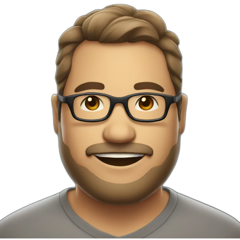 Mid age smiling chubby developer with light brown skin beards and glasses and a very short dark hair emoji