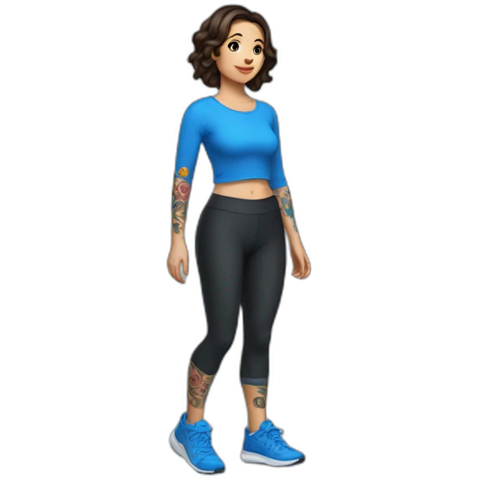 Short brunette, leggings, blue walking shoes, half tattoo sleeve emoji