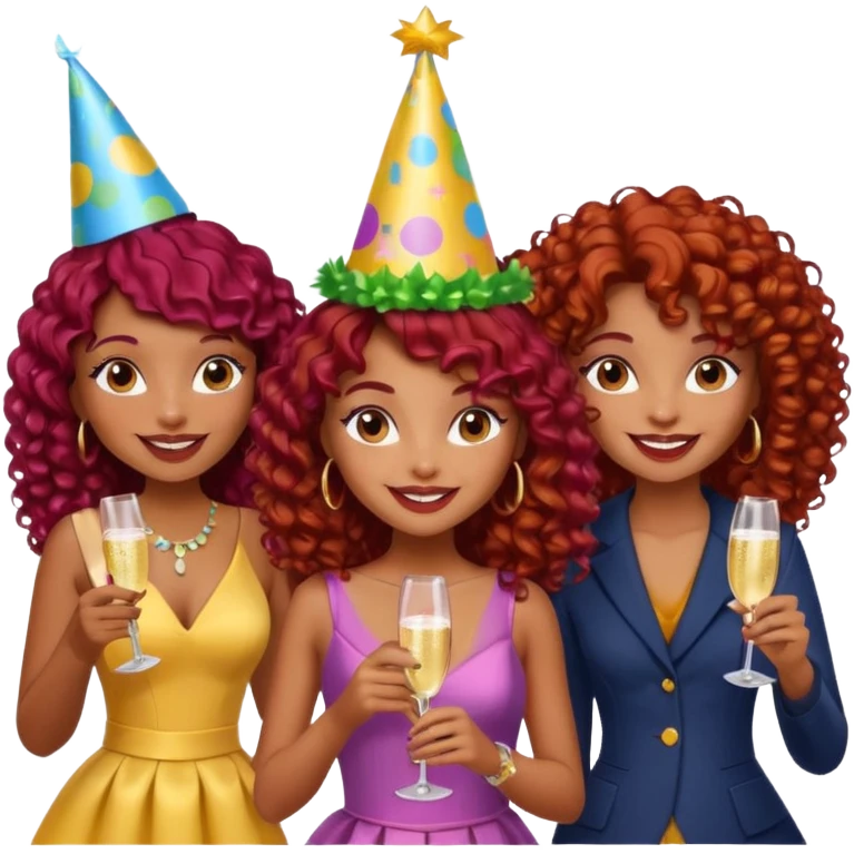 generate a pretty bratz brown skinned girl curly dark red hair at a party with friends emoji