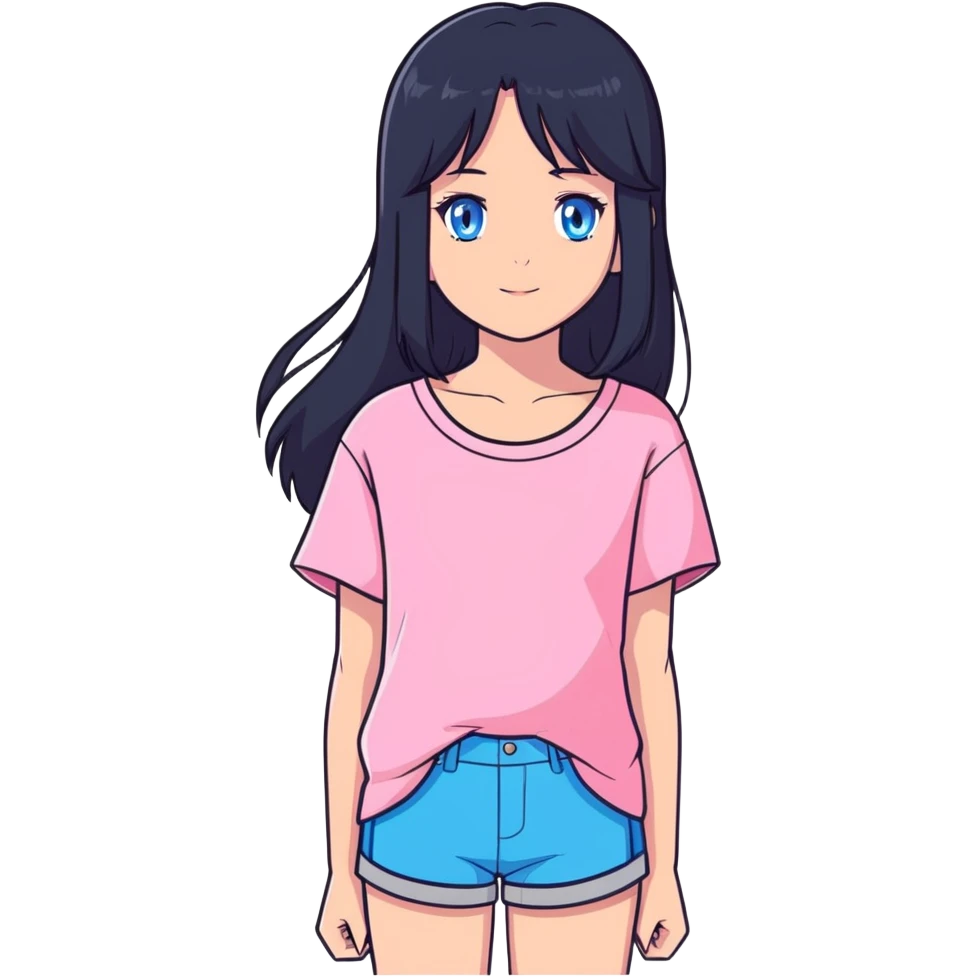 Beautiful girl with long black hair and blue eyes, wearing a pink short top emoji