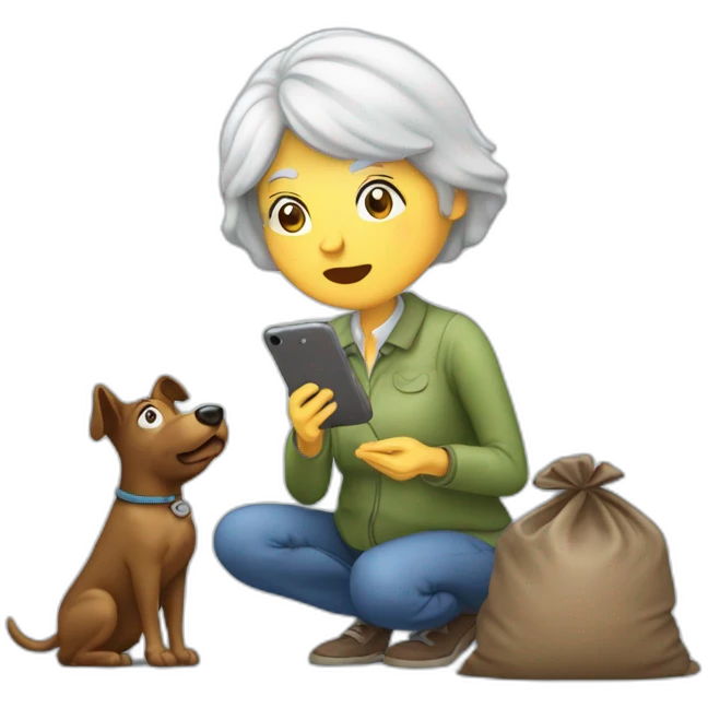 Old woman take picture of dog poop with iPhone  emoji