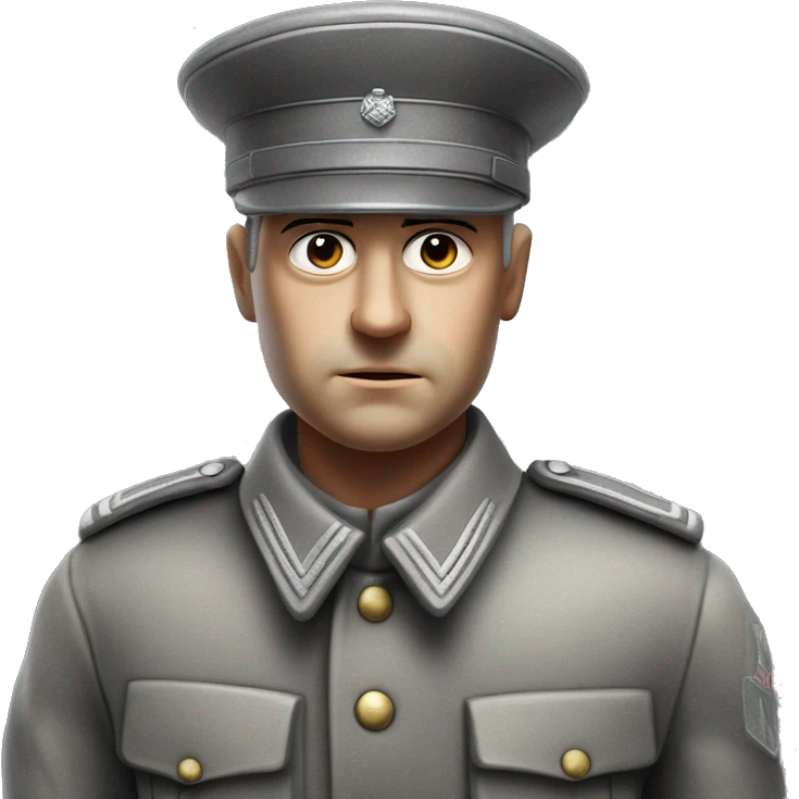 serious german soldier the middle of the XX century photorealistic gray uniform detailed face with wrinkles, closed mouth, small eyes  emoji