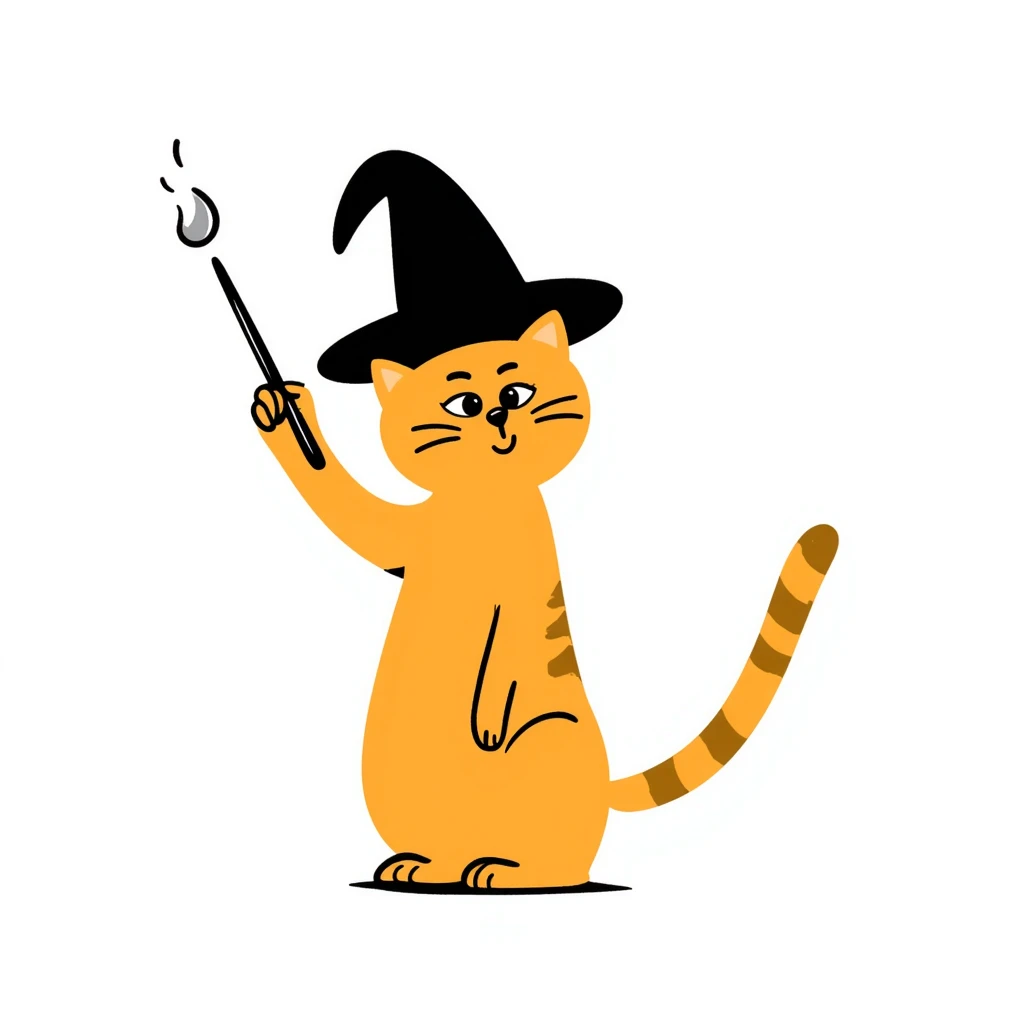 Orange cat wearing a pointy wizard hat and casting a spell with a magic wand emoji