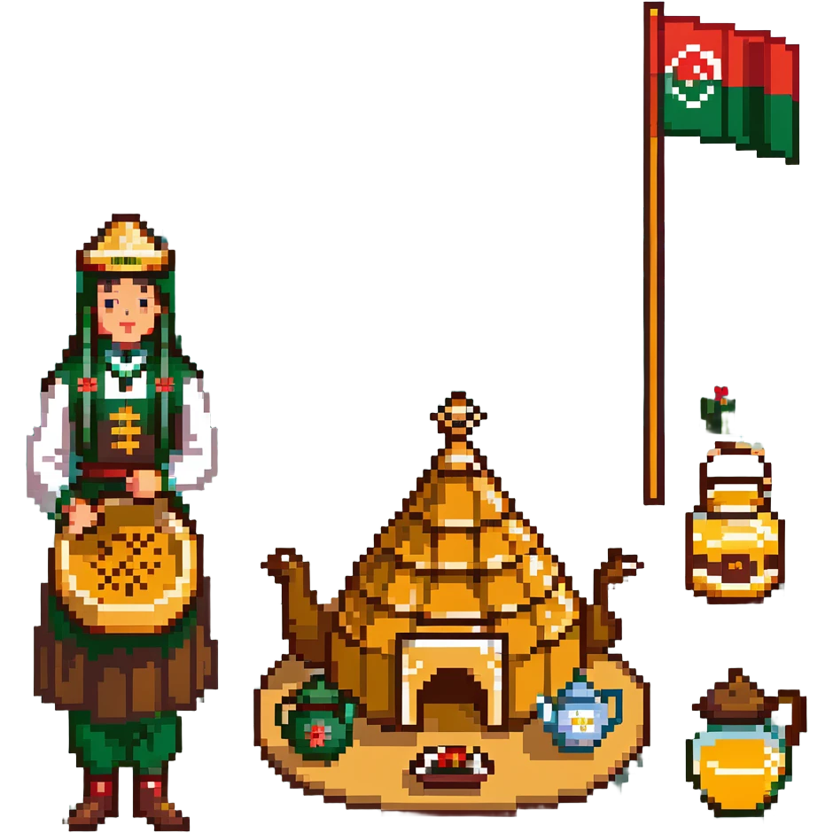Republic of Bashkortostan flag, national ornaments, kurai flower, Salavat Yulaev monument, Bashkir tea set, traditional yurt, honeycomb, kurai musical instrument, Bashkir horse, Bashkir hat (kalpak), honey jar, chak-chak bread, Ufa cityscape, Bashkir dancer, Bashkir wolf, Bashkir mountains emoji