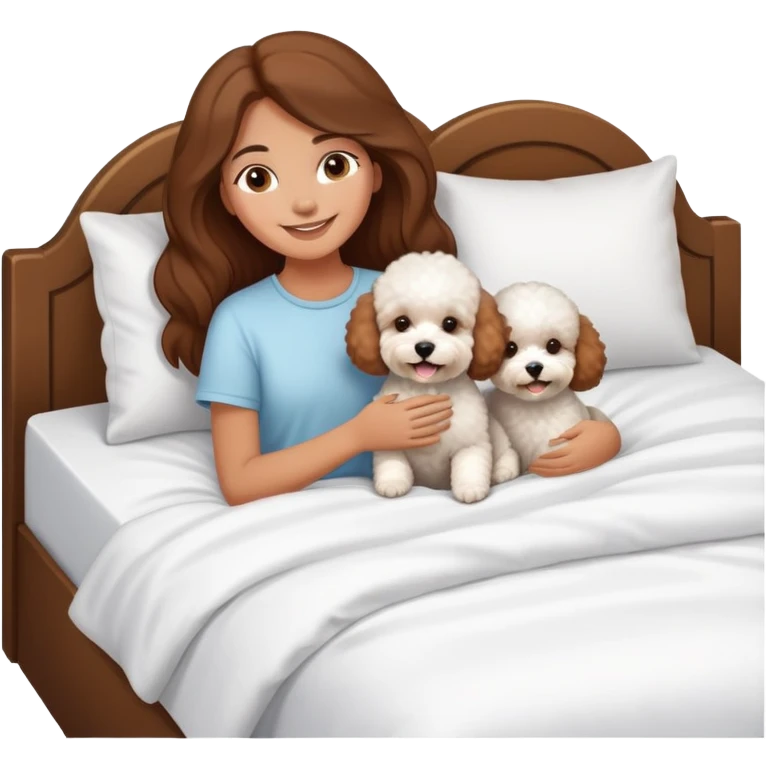 tan girl with long brown hair with three bichon frises in bed emoji