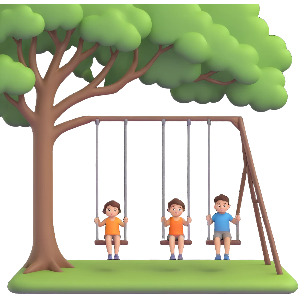 A person pushing a swing with a child sitting on it, outdoors, under a tree, in daylight. The swing is moving back and forth. Focus on the motion of swinging and the person gently pushing it emoji
