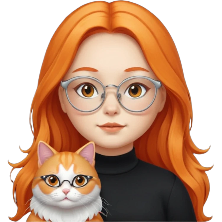 girl with chubby cheeks, very long orange hair, and silver cat-eye glasses. Black clothes. Without cat or cat ears emoji