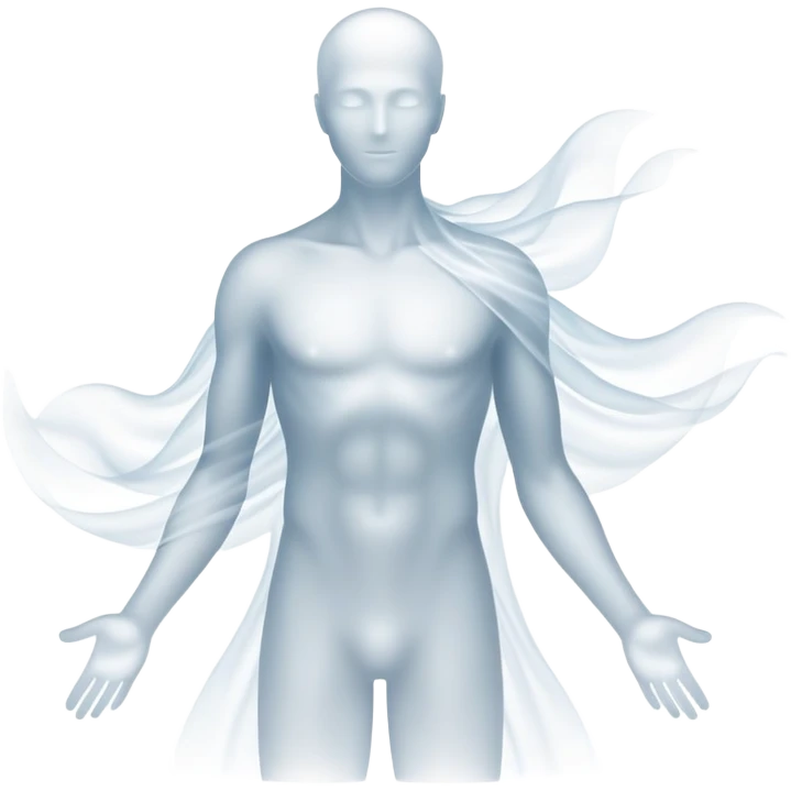 Male silhouette composed of subtle monochrome ethereal flowing energy, abstract aura forming the shape of a man, no facial features, minimal emoji