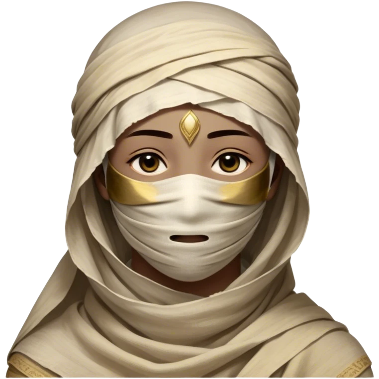 Regal and timeless, fully wrapped in meticulously aged bandages, even its face veiled in layers of ancient cloth with only faint glimpses of deep, solemn eyes peering through, adorned with faded gold accents, exuding an air of forgotten majesty and solemn duty, highly detailed, softly glowing, evoking the dignified mystery of an eternal guardian watching over lost secrets! emoji