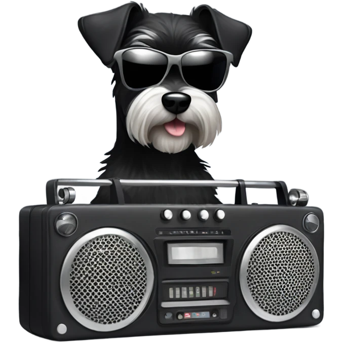 Black mini schnauzer in sunglasses holding a boombox emoji