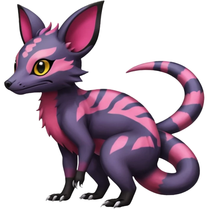 Rare epic aesthetic colorful Salandit-Noibat-Eevee-Civet-species-Fakemon-hybrid-creature, with markings, full body emoji