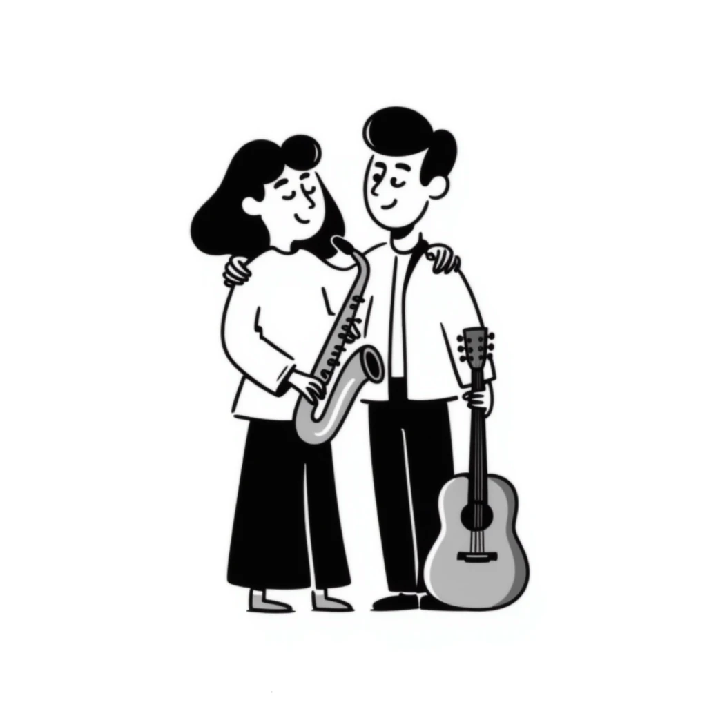 Two musicians standing side by side, both facing forward, with one's arm over the other's shoulder in a friendly side hug, both smiling, musical instruments nearby, fraternal camaraderie emoji