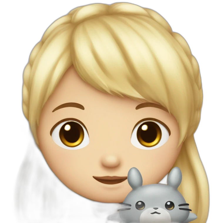 bébé fille blonde décoiffée avec une peluche Totoro  emoji