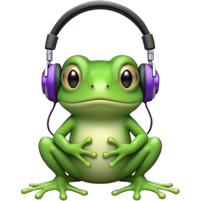A cute green cartoon frog sitting with a neutral expression, wearing large black over-ear headphones. The frog is connected by a wire to a small, classic-style iPod with a purple screen, placed in front of it. The background is a dense black-and-white noise pattern resembling TV static. emoji