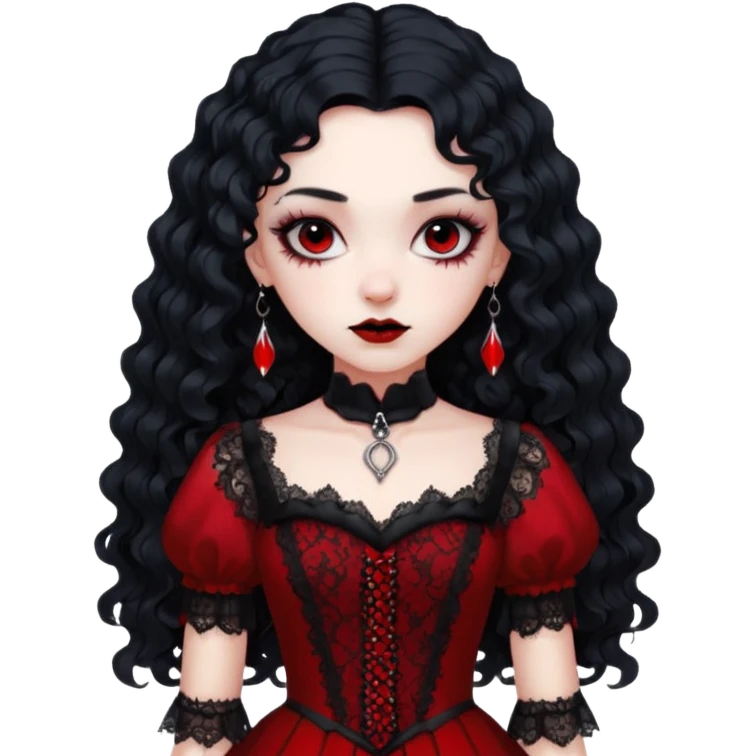A girl with a red goth vampire look in a blck and red goth lace dress long black curly hair  emoji