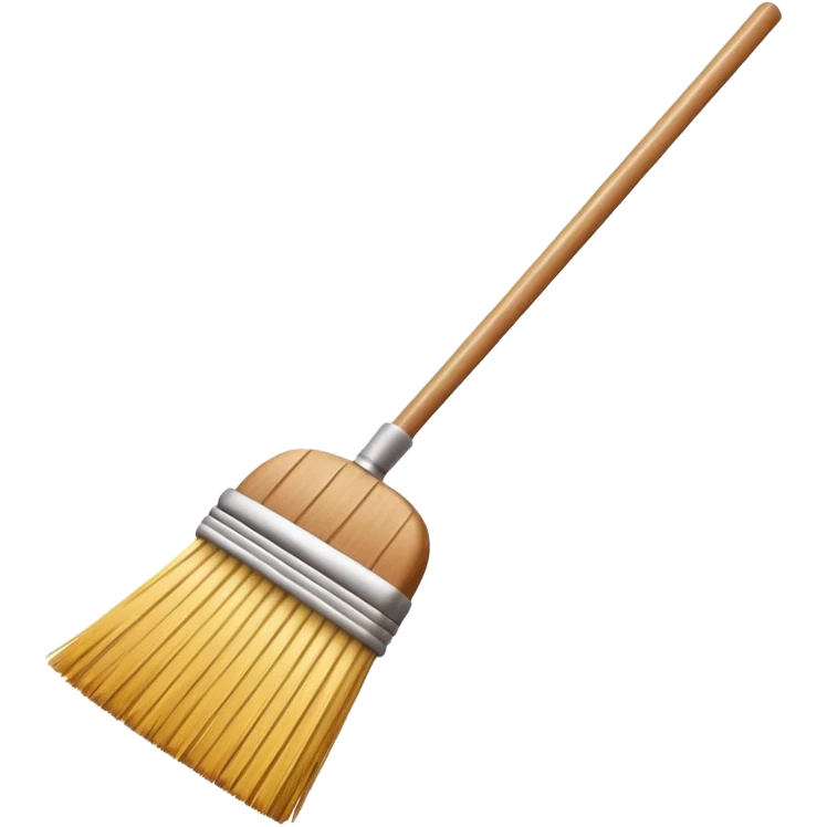 traditional broom with wooden handle on a dusty carpet, straw bristles sweeping visible dust particles, vintage household cleaning tool, 3D cartoon, mobile game icon style, centered composition, no people, no animals, no text, no watermark emoji