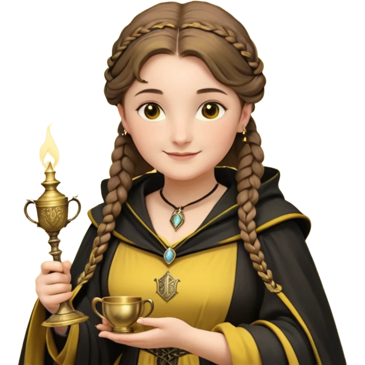 Helga Hufflepuff,the Hogwarts founder of Hufflepuff,brown-haired,2braids,yellow-black medieval dress with black cloak decorated with gold braiding,flickering magic wand and tiny two-handled shiny gold cup engraved with the badger silhouette,very kind smile,curvy busty sweet emoji