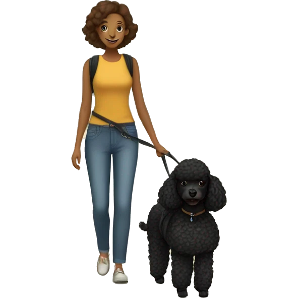 3 legs One Small unshaved Black Poodle with brown harness is walking with a pretty girl emoji