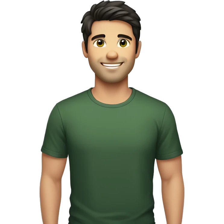 Handsome man with dark hair, gradient short hair on the side, green eyes. Big smile and thin face. Black t-shirt. Little bear emoji